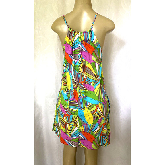 Trina Turk Tunic Dress Deco Palm Floral Green Spaghetti Strap Pocket Cov… - Picture 2 of 6